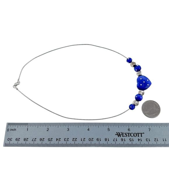 Vintage Italy Sterling Silver 925 Blue Glass Polka Dot Heart Necklace 18" - Picture 4 of 4